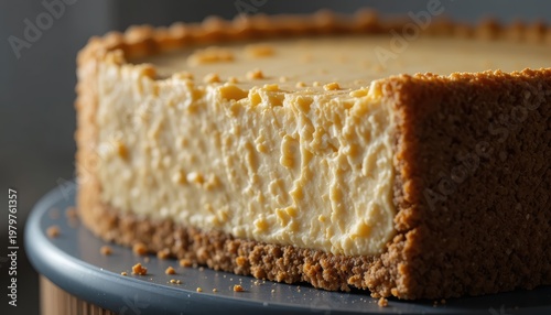 Deliciously Creamy Cheesecake with Golden Buttery Crust on a Round Cake Stand