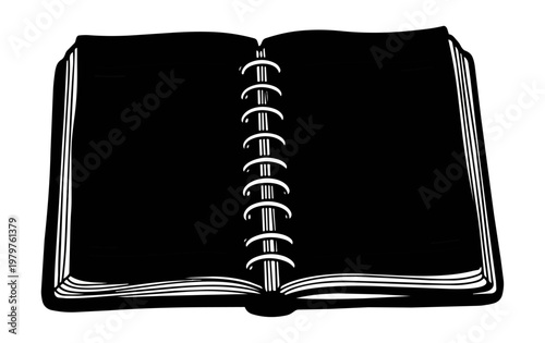 Open notebook illustration black pages white outline central binding