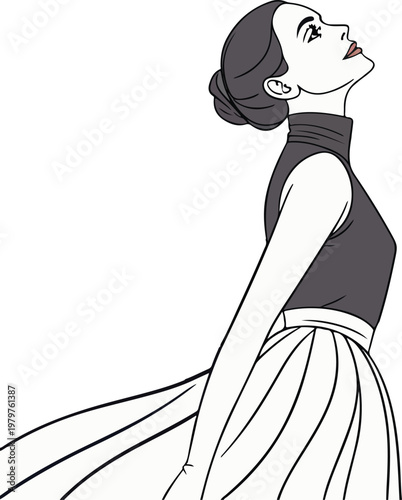 Elegant fashion sketch of a beautiful bride in a white wedding gown holding a floral bouquet, vector illustration, silhouette