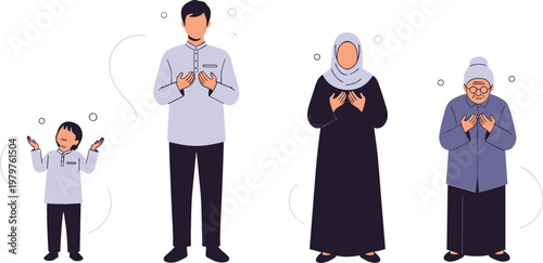Muslim family praying together illustration with man, woman and children in traditional clothing, Islamic prayer concept, spiritual and cultural vector design