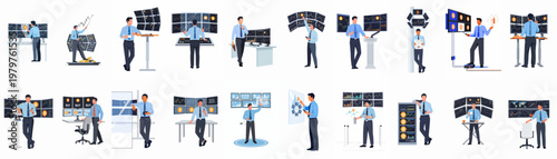 Collection of professional traders and analysts monitoring cryptocurrency and financial stock market data on multiple digital screens, flat illustration set.