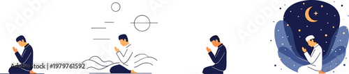 Muslim man praying in different positions set, Islamic prayer illustration collection, Ramadan spirituality, worship poses, minimal flat vector character design