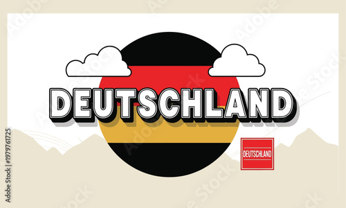 Deutschland text with german flag and landscape t shirt design deutschland typography landscape mountains continent illustration stylized patriotic republic identity t shirt design