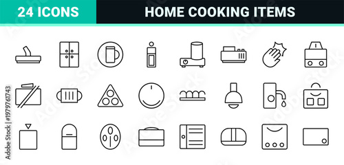 Kitchen essentials and household appliances outline icon grid