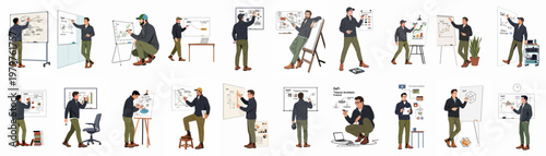 Set of illustrations depicting a professional man explaining various decentralized finance (DeFi) concepts, protocols, and strategies on whiteboards and flipcharts.