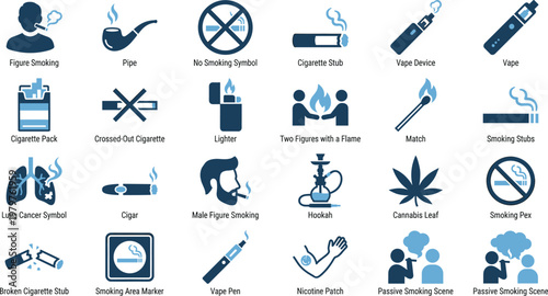 Smoking and Tobacco Icon Set Featuring Cigarette, Vape, Hookah, Cannabis, Passive Smoking, Lung Health Risks, and No Smoking Warning Symbols