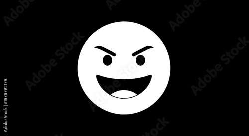 Solid Black Emoji Face with Menacing Grin and Wide Eyes