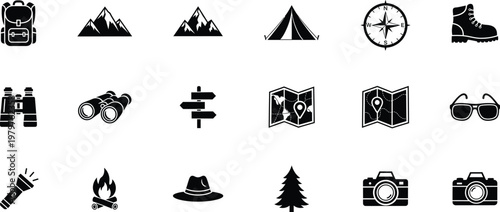 Black silhouette icons camping hiking and outdoor adventure isolated on transparent background