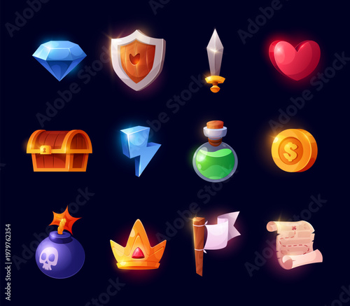 Game icon. Vector set of cartoon game icons with heart, crown, bomb, sword, map, lightning, magic elixirs, shield, coins, and diamond. Ui game slot graphics collection. Mobile game symbols
