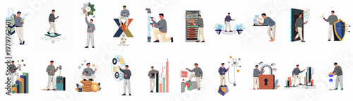 Comprehensive set of flat vector illustrations showing a technology specialist managing data, blockchain, cybersecurity, and digital infrastructure across multiple modern scenarios.