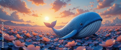 Blue Whale Surrounded by Colorful Flowers at Sunset with Mountains and Clouds in the Background