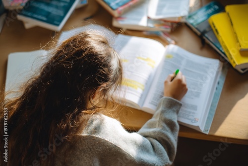 Over shoulder view of student sitting study desk highlighting important point textbook writing summary notebook notebook stationery visible quiet study environment camera behind subject no face
