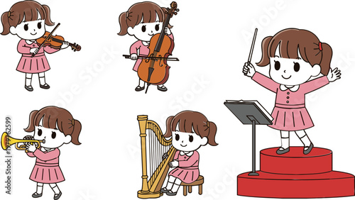Cute Girl Playing Violin, Cello, Trumpet, and Harp with Conducting Pose for Music Lessons, Education, and Musical Talent Illustrations