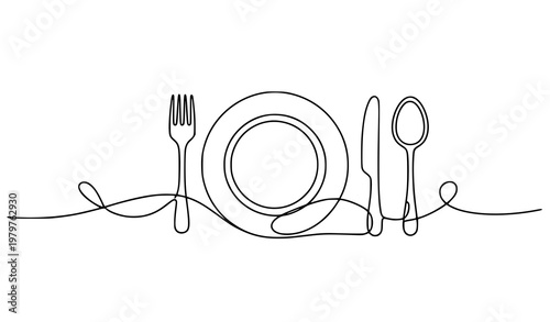 One continuous line restaurant icon – single line dining vector illustration