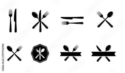 Cutlery silhouette vector set – fork, knife and spoon menu logotype