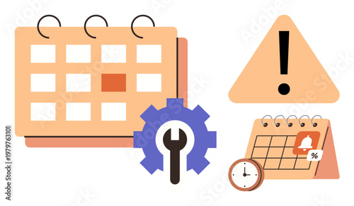 Task management, scheduling, deadline alerts, time planning, work productivity, event reminders. Includes calendars, clock gear icon and warning symbols. Task management and scheduling concept