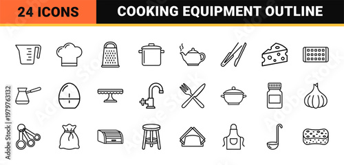 Minimalist kitchen and cooking line icons for restaurant and culinary web design.