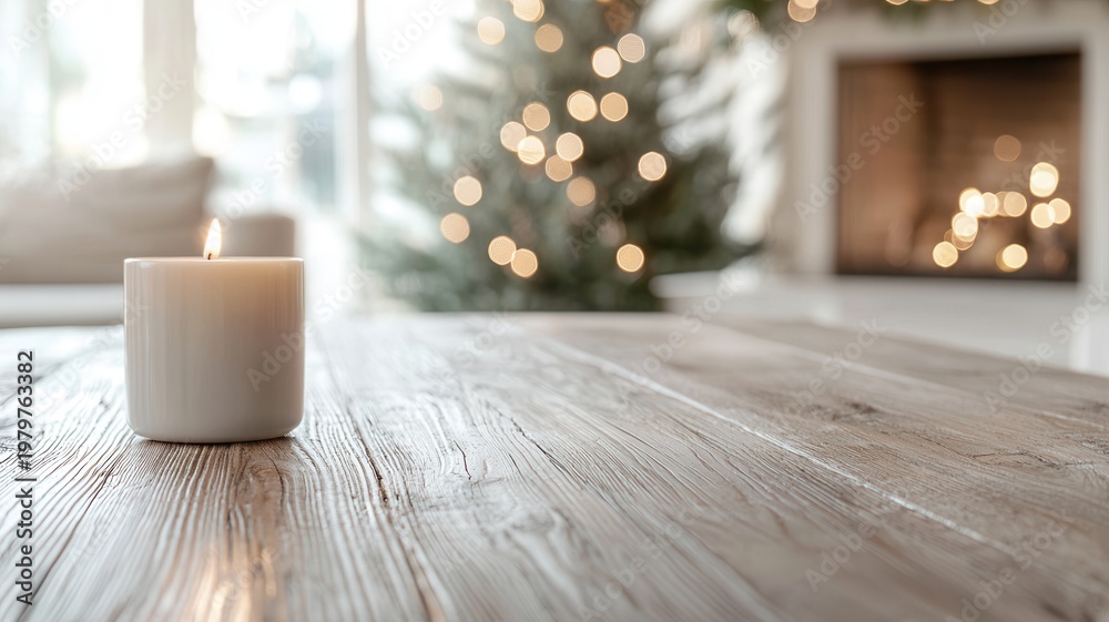 Fototapeta premium White candle burning on wooden table with blurred fireplace and christmas tree lights creating warm home atmosphere
