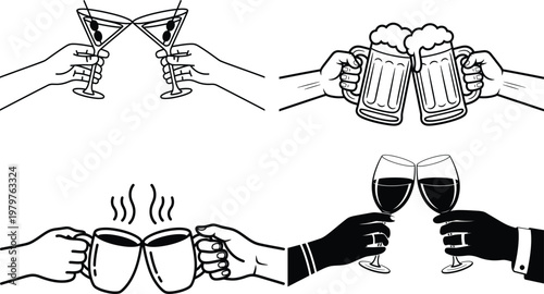Hands holding and clinking martini glasses beer mugs and coffee cups