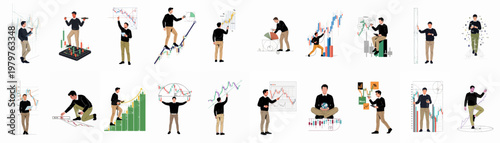 Professional businessman illustrations set featuring stock market analysis, financial data charts, candlestick graphs, and technical trading concepts on white background.