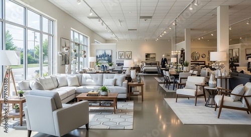 Modern furniture showroom interior with various seating arrangements.