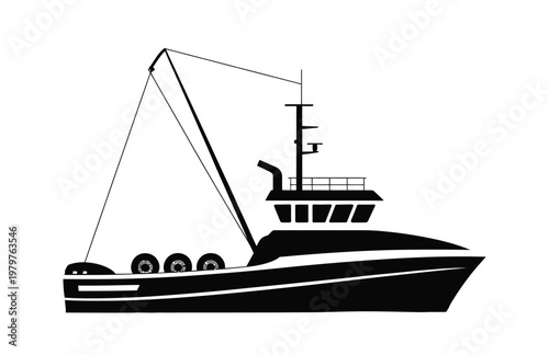 tugboat ship silhouette icon, marine transport and harbor vessel symbol, towing and shipping industry concept, nautical logistics illustration, clean vector design.