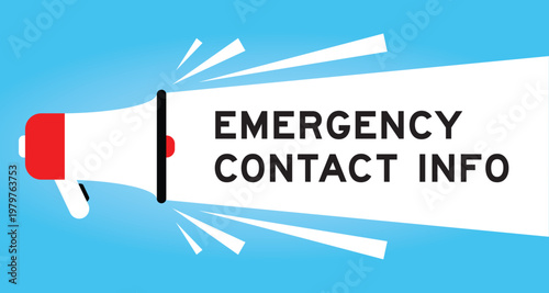 Color megaphone icon with word emergency contact infor in white banner on blue background