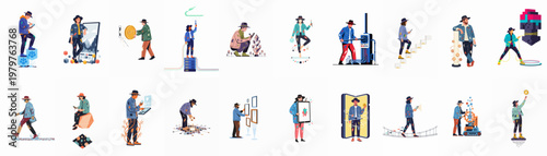 Comprehensive collection of conceptual vector illustrations depicting modern digital art, blockchain technology, NFT markets, and creative tech lifestyles in a contemporary flat style.