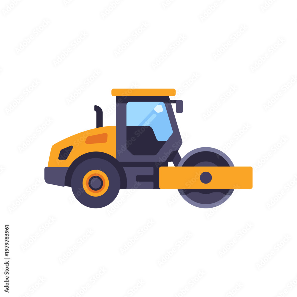 Fototapeta premium metal yellow gray road roller, construction machinery, colorful vector flat style illustration