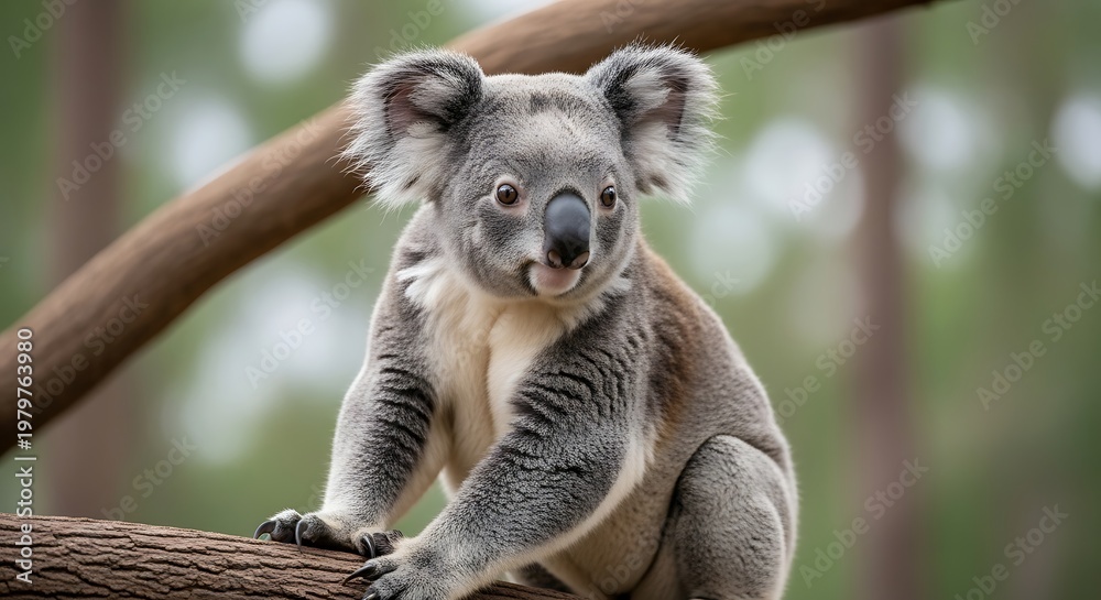 Fototapeta premium Koala Bear Perched on a Branch in Natural Habitat.