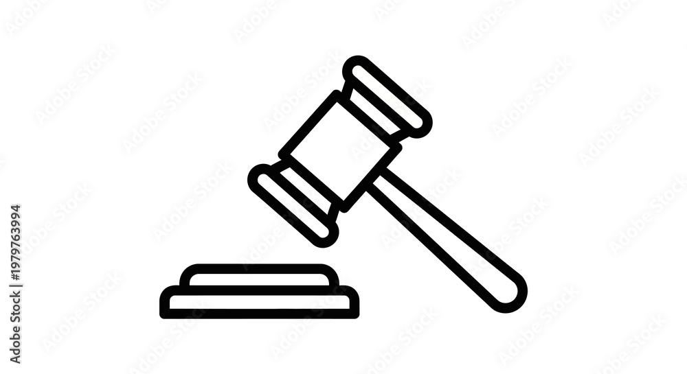 Fototapeta premium A simple line icon of a gavel on a sound block on a white background.