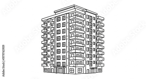 Modern Apartment Building Facade Architectural Drawing.
