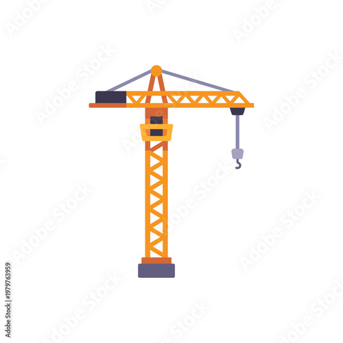 metal yellow tower crane, construction machinery, colorful vector flat style illustration