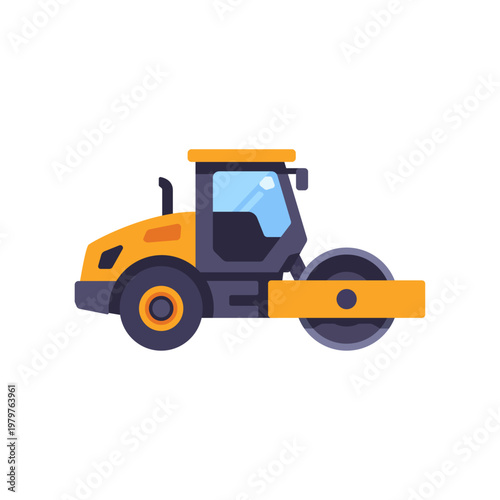 metal yellow gray road roller, construction machinery, colorful vector flat style illustration