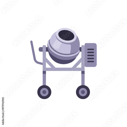 metal gray portable concrete mixer, construction equipment, colorful vector flat style illustration