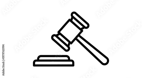 A simple line icon of a gavel on a sound block on a white background.
