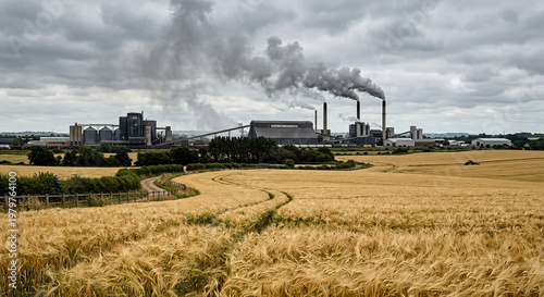 Industrial factory releasing smoke over a golden grain field under a cloudy sky