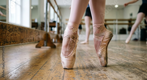 Ballerina's feet performing en pointe in well-worn shoes during a practice session at a dance studio