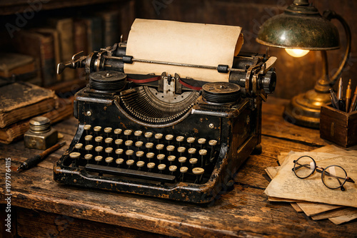 A vintage black typewriter with paper sits on a rustic wooden desk