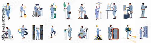 Comprehensive collection of businessman illustrations representing cryptocurrency, blockchain technology, digital banking, and financial investment concepts in a modern flat vector style.