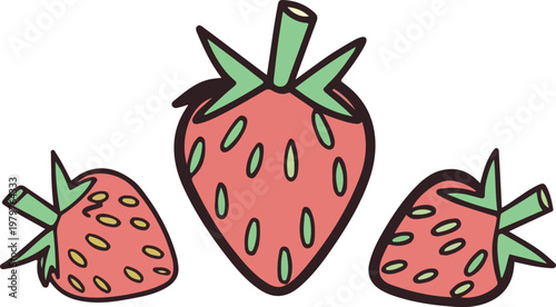 Isolated strawberry vector illustration featuring a fresh red ripe berry with green leaves and juicy seeds for a sweet, healthy summer dessert