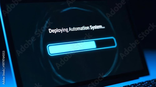 Laptop displaying Deploying Automation System with loading bar, technology concept.