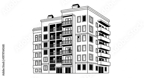 Modern Apartment Building Facade Illustration.
