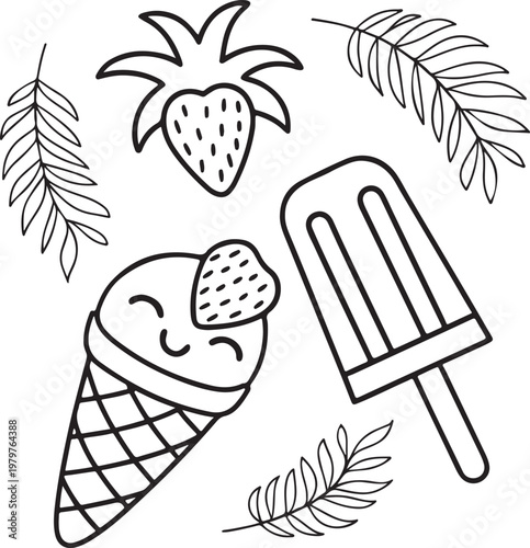 Delicious vector illustration set of cartoon ice cream icons featuring sweet chocolate cones and healthy fresh fruit flavors like carrot and orange, with green leaf accents
