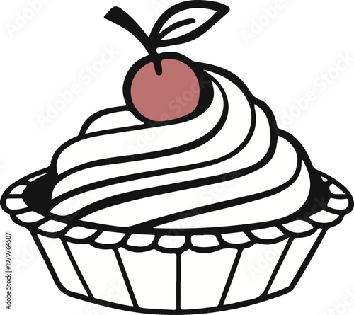 Delicious vector illustration of a sweet birthday cake and cupcake with creamy icing, chocolate drizzle, and a fresh red cherry on a pink bakery background for a holiday celebration