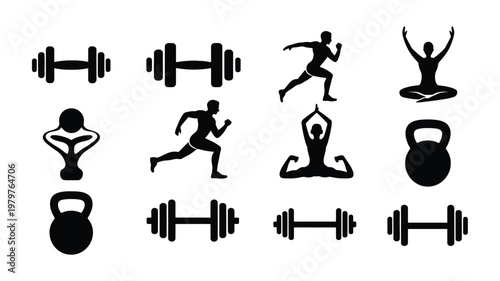 Black fitness icons for health exercise and wellness including dumbbells kettlebells running and yoga poses