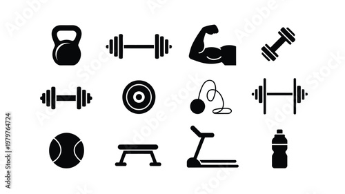 Black minimalist icons of fitness equipment including dumbbells barbells kettlebell treadmill and bench for exercise and gym workouts