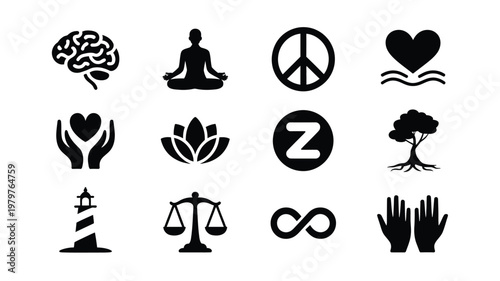 Black and white minimalist vector icon set featuring symbols of balance love peace wisdom and growth for mindfulness and personal development