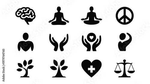 Set of minimalistic vector icons symbolizing mental health meditation peace growth and balance in bold black tones