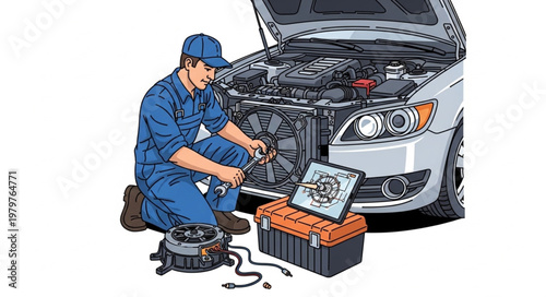 Mechanic working on car engine with tools and diagnostic tablet.